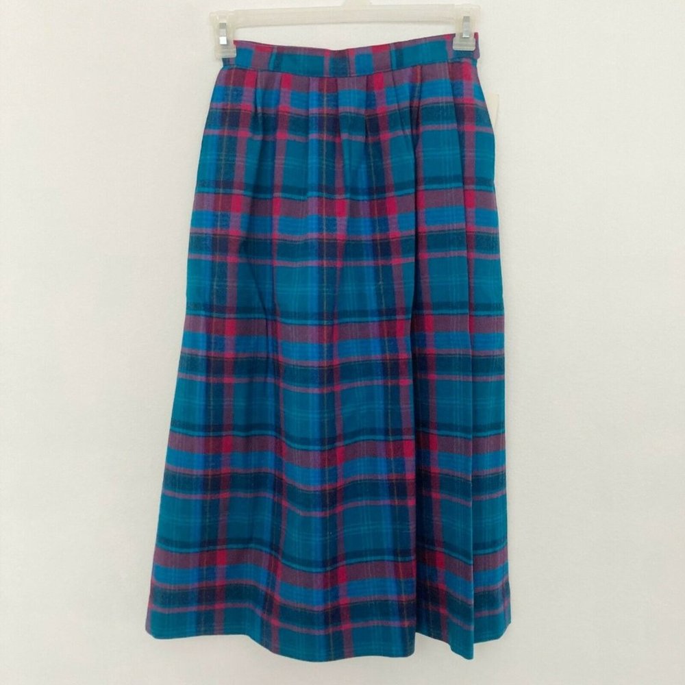 VTG Pendleton Plaid Midi Skirt Women's Size 6 Blue Pink 100% Wool Pockets NOS